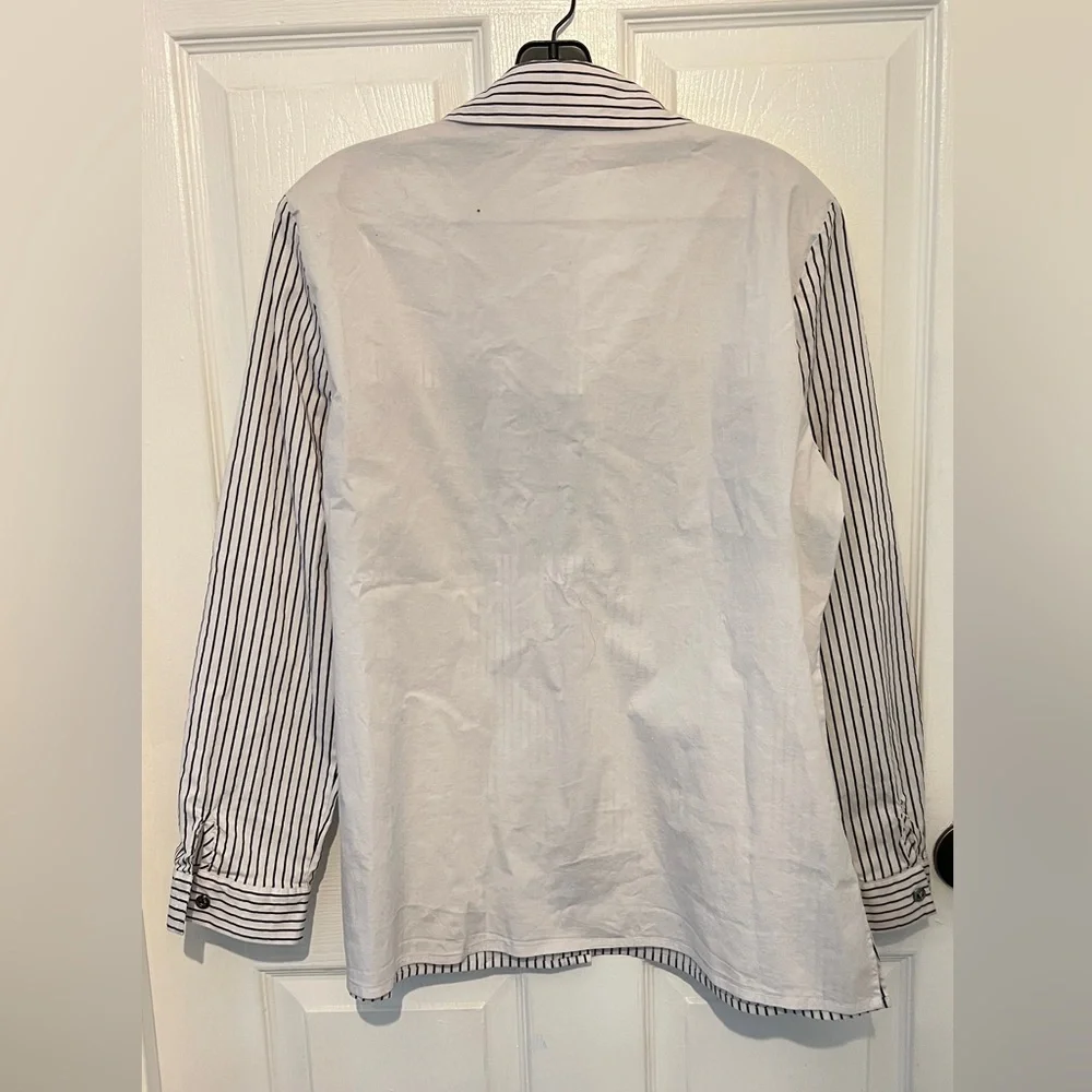 White Striped Black Lace Up Eyelet Belt Detail Long Sleeve Button Down Shirt - Picture 2 of 5